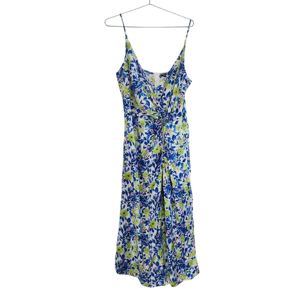 Cami Midi Dress Women Large Blue Floral Summer Cottagecore Boho Twist Front Chic